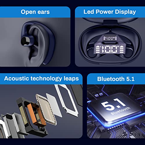 Open Ear Headphones,True Wireless Bluetooth Earbuds with Earhooks,30Hrs Playtime with Charging Case and LED Power Display,Sport Workout Earbuds Built in Mic Waterproof Bass Sound Headset Blue