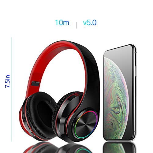 LFGKeng Wireless Bluetooth Headphones with Colorful LED Lights, Built-in Mic, Light Weight, Foldable, Wired HiFi Stereo Headphones for Classroom/Home Office/PC/Mobile Phone/Kids Adult (Black Red)