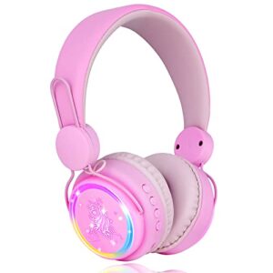 kuyaon kids headphones bluetooth, colorful led light up unicorn headphones for girls, wireless headphones with microphone for school/travel/home/christmas/unicorn gifts (pink)