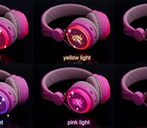 kuyaon Kids Headphones Bluetooth, Colorful LED Light Up Unicorn Headphones for Girls, Wireless Headphones with Microphone for School/Travel/Home/Christmas/Unicorn Gifts (Pink)