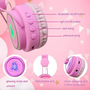 kuyaon Kids Headphones Bluetooth, Colorful LED Light Up Unicorn Headphones for Girls, Wireless Headphones with Microphone for School/Travel/Home/Christmas/Unicorn Gifts (Pink)