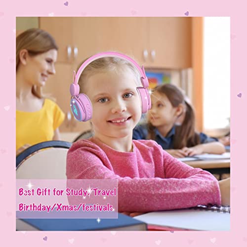 kuyaon Kids Headphones Bluetooth, Colorful LED Light Up Unicorn Headphones for Girls, Wireless Headphones with Microphone for School/Travel/Home/Christmas/Unicorn Gifts (Pink)