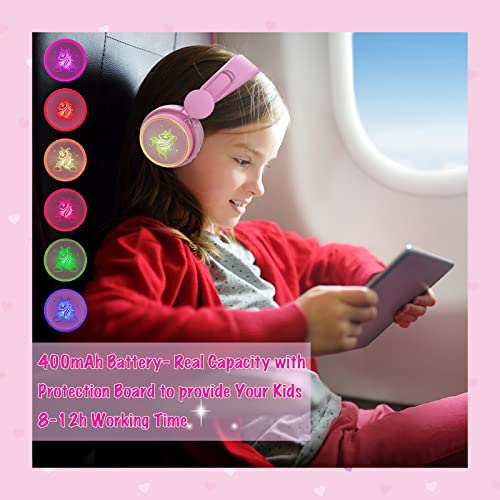 kuyaon Kids Headphones Bluetooth, Colorful LED Light Up Unicorn Headphones for Girls, Wireless Headphones with Microphone for School/Travel/Home/Christmas/Unicorn Gifts (Pink)