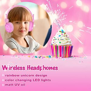 kuyaon Kids Headphones Bluetooth, Colorful LED Light Up Unicorn Headphones for Girls, Wireless Headphones with Microphone for School/Travel/Home/Christmas/Unicorn Gifts (Pink)