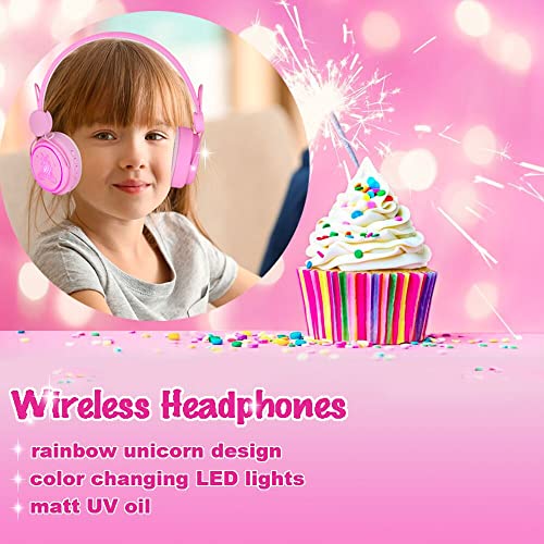 kuyaon Kids Headphones Bluetooth, Colorful LED Light Up Unicorn Headphones for Girls, Wireless Headphones with Microphone for School/Travel/Home/Christmas/Unicorn Gifts (Pink)