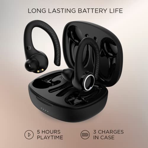 iJoy Wireless Running Headphones with Charging Case + Removable Earhook- Wireless Bluetooth Earbuds for Workouts- Bluetooth Wireless Earbuds with Charging Case- Sports Bluetooth Headphones (Black)