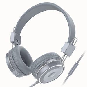 BASEMAN Wired Headphones with Microphone - Foldable Wired On-Ear Headphones for Laptops Computer Cellphone Tablet, Stereo Bass Headsets with 3.5mm Jack No-Tangle Cord for Boys Girls Women Men - Grey