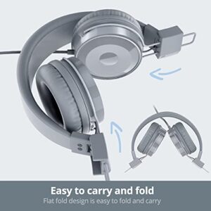 BASEMAN Wired Headphones with Microphone - Foldable Wired On-Ear Headphones for Laptops Computer Cellphone Tablet, Stereo Bass Headsets with 3.5mm Jack No-Tangle Cord for Boys Girls Women Men - Grey