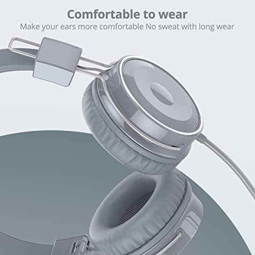 BASEMAN Wired Headphones with Microphone - Foldable Wired On-Ear Headphones for Laptops Computer Cellphone Tablet, Stereo Bass Headsets with 3.5mm Jack No-Tangle Cord for Boys Girls Women Men - Grey