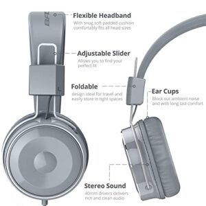 BASEMAN Wired Headphones with Microphone - Foldable Wired On-Ear Headphones for Laptops Computer Cellphone Tablet, Stereo Bass Headsets with 3.5mm Jack No-Tangle Cord for Boys Girls Women Men - Grey