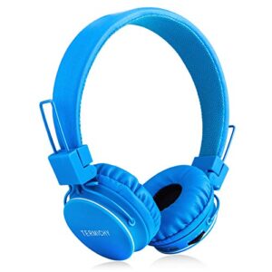 kids bluetooth headphones foldable volume limiting wireless/wired stereo on ear hd headset with sd card fm radio in-line volume control microphone for children adults (blue)