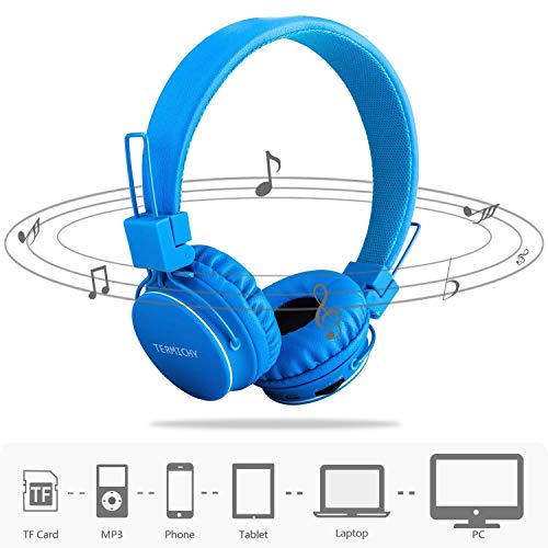 Kids Bluetooth Headphones Foldable Volume Limiting Wireless/Wired Stereo On Ear HD Headset with SD Card FM Radio in-line Volume Control Microphone for Children Adults (Blue)