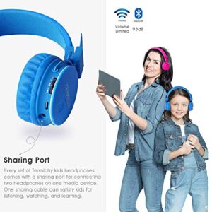 Kids Bluetooth Headphones Foldable Volume Limiting Wireless/Wired Stereo On Ear HD Headset with SD Card FM Radio in-line Volume Control Microphone for Children Adults (Blue)