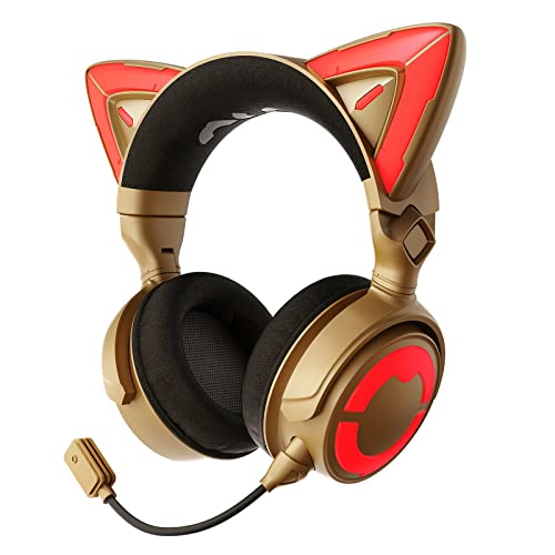 YOWU Cat Ear Headphones Rave, Created with Mariana BO, Hi-Fi Gaming Headset with Attachable HD Mic -Active Noise Reduction, 50mm Coaxial Speaker & Customizable Lighting and Effect via APP (Golden)