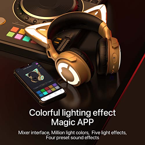 YOWU Cat Ear Headphones Rave, Created with Mariana BO, Hi-Fi Gaming Headset with Attachable HD Mic -Active Noise Reduction, 50mm Coaxial Speaker & Customizable Lighting and Effect via APP (Golden)