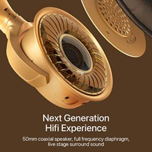 YOWU Cat Ear Headphones Rave, Created with Mariana BO, Hi-Fi Gaming Headset with Attachable HD Mic -Active Noise Reduction, 50mm Coaxial Speaker & Customizable Lighting and Effect via APP (Golden)