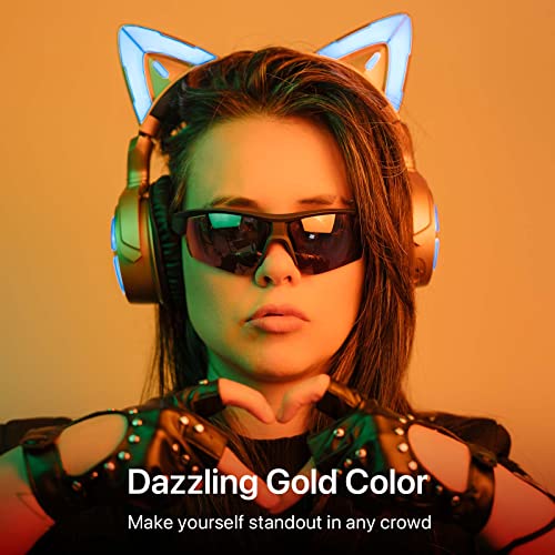 YOWU Cat Ear Headphones Rave, Created with Mariana BO, Hi-Fi Gaming Headset with Attachable HD Mic -Active Noise Reduction, 50mm Coaxial Speaker & Customizable Lighting and Effect via APP (Golden)