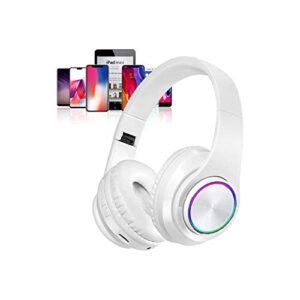 bluetooth over ear headphones, colorful led lights headphones with built-in mic, light weight, wired and wireless foldable hifi stereo headphones for classroom/home office/pc/mobile phone-white