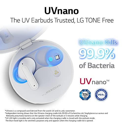 LG Tone Free UFP8 - Enhanced Active Noise Cancelling True Wireless Bluetooth Earbuds(TWS) with Meridian Sound, UVnano 99.9% Bacteria Free, Immersive 3D Sound, 3 Mic for Work/Home Office, White