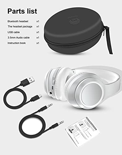 rockpapa E8 Over The Ear Bluetooth Headphones with Microphone for Kid Children Boy Girl Youth Teen Adult, Foldable Wired/Wireless Headphones with Mic, Include Travel Case, Silver