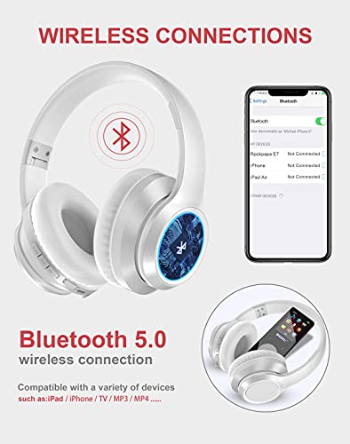 rockpapa E8 Over The Ear Bluetooth Headphones with Microphone for Kid Children Boy Girl Youth Teen Adult, Foldable Wired/Wireless Headphones with Mic, Include Travel Case, Silver