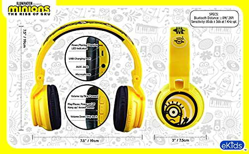 eKids Minions Kids Bluetooth Headphones, Wireless Headphones with Microphone Includes Aux Cord, Volume Reduced Kids Foldable Headphones for School, Home, or Travel