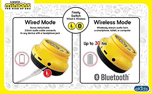 eKids Minions Kids Bluetooth Headphones, Wireless Headphones with Microphone Includes Aux Cord, Volume Reduced Kids Foldable Headphones for School, Home, or Travel