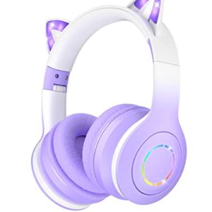 VuyKoo Bluetooth Headphones with Microphone/RGB LED Light Up, Cat Ear Wireless Headphones, Stereo Gaming Headset for Cellphone/PC/Laptop/Tablet/TV Kids Girls & Boys Teens/Birthday Gift (Purple)