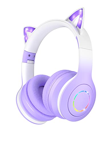 VuyKoo Bluetooth Headphones with Microphone/RGB LED Light Up, Cat Ear Wireless Headphones, Stereo Gaming Headset for Cellphone/PC/Laptop/Tablet/TV Kids Girls & Boys Teens/Birthday Gift (Purple)