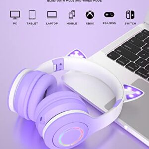 VuyKoo Bluetooth Headphones with Microphone/RGB LED Light Up, Cat Ear Wireless Headphones, Stereo Gaming Headset for Cellphone/PC/Laptop/Tablet/TV Kids Girls & Boys Teens/Birthday Gift (Purple)