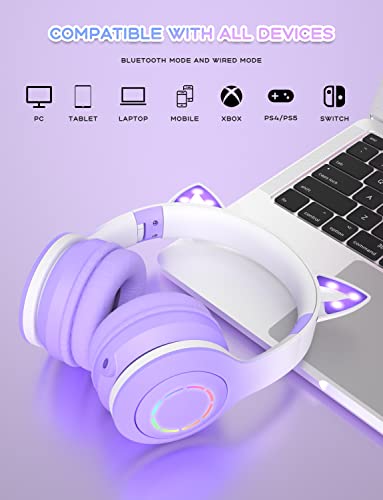 VuyKoo Bluetooth Headphones with Microphone/RGB LED Light Up, Cat Ear Wireless Headphones, Stereo Gaming Headset for Cellphone/PC/Laptop/Tablet/TV Kids Girls & Boys Teens/Birthday Gift (Purple)