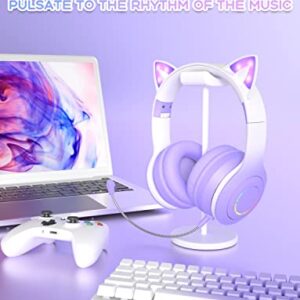 VuyKoo Bluetooth Headphones with Microphone/RGB LED Light Up, Cat Ear Wireless Headphones, Stereo Gaming Headset for Cellphone/PC/Laptop/Tablet/TV Kids Girls & Boys Teens/Birthday Gift (Purple)