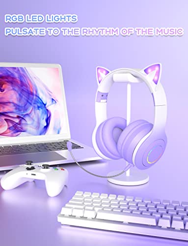 VuyKoo Bluetooth Headphones with Microphone/RGB LED Light Up, Cat Ear Wireless Headphones, Stereo Gaming Headset for Cellphone/PC/Laptop/Tablet/TV Kids Girls & Boys Teens/Birthday Gift (Purple)