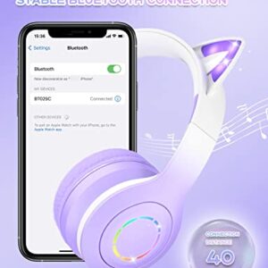VuyKoo Bluetooth Headphones with Microphone/RGB LED Light Up, Cat Ear Wireless Headphones, Stereo Gaming Headset for Cellphone/PC/Laptop/Tablet/TV Kids Girls & Boys Teens/Birthday Gift (Purple)