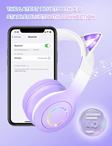 VuyKoo Bluetooth Headphones with Microphone/RGB LED Light Up, Cat Ear Wireless Headphones, Stereo Gaming Headset for Cellphone/PC/Laptop/Tablet/TV Kids Girls & Boys Teens/Birthday Gift (Purple)