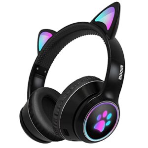 midola gaming bluetooth 5.0 wireless headphones cat ear over led light foldable music headset with aux 3.5mm (built-in) mic for adult & kids pc tv game pad laptop cellphone black