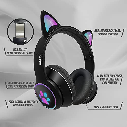 Midola Gaming Bluetooth 5.0 Wireless Headphones Cat Ear Over LED Light Foldable Music Headset with AUX 3.5mm (Built-in) Mic for Adult & Kids PC TV Game Pad Laptop Cellphone Black