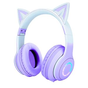 qearfun car ear bluetooth headphones foldable, 7 colors led light up kids adults girls over ear wireless headphones with built-in mic & 3.5mm jack, cat gaming headset for ipad/tablet/ps4/ps5 purple