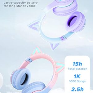 QearFun Car Ear Bluetooth Headphones Foldable, 7 Colors Led Light Up Kids Adults Girls Over Ear Wireless Headphones with Built-in Mic & 3.5mm Jack, Cat Gaming Headset for iPad/Tablet/PS4/PS5 Purple