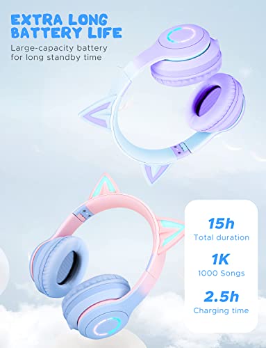 QearFun Car Ear Bluetooth Headphones Foldable, 7 Colors Led Light Up Kids Adults Girls Over Ear Wireless Headphones with Built-in Mic & 3.5mm Jack, Cat Gaming Headset for iPad/Tablet/PS4/PS5 Purple