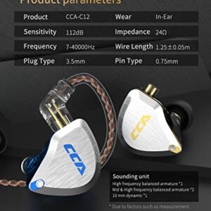 CCA C12 in Ear Monitor, 5BA+1DD Balanced Armature Drives HiFi Bass in Ear Earphone Headset Noise Cancelling Earbuds Zinc Alloy Headphones with Detachable Cable 0.75mm 2PIN (No Mic, Blue)