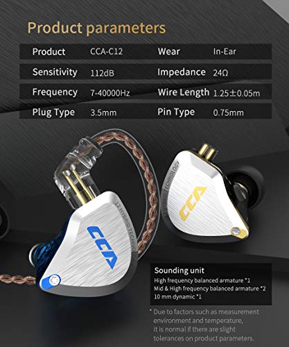 CCA C12 in Ear Monitor, 5BA+1DD Balanced Armature Drives HiFi Bass in Ear Earphone Headset Noise Cancelling Earbuds Zinc Alloy Headphones with Detachable Cable 0.75mm 2PIN (No Mic, Blue)