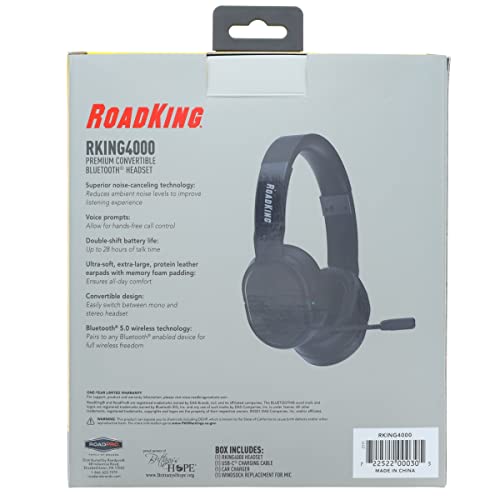 RoadKing RKING4000 Noise Cancelling Bluetooth Headset Mono to Stereo Wireless Headset with Advanced Noise Cancellation, Black