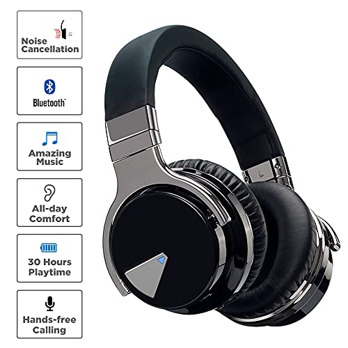 Qisebin E7 Active Noise Cancelling Headphones Bluetooth Headphones with Microphone Deep Bass Wireless Headphones Over Ear, Comfortable Protein Earpads, 30 Hours Playtime for Travel/Work, Black