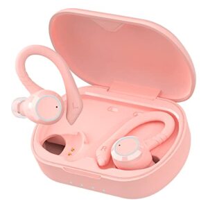 wireless earbuds with earhooks cute pink for womens, in ear bluetooth headphones sport with bass boost, built in mic, ipx7 waterproof earphones with over ear detachable hooks for running workout