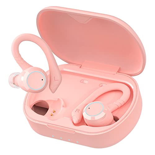 Wireless Earbuds with Earhooks Cute Pink for Womens, in Ear Bluetooth Headphones Sport with bass Boost, Built in Mic, IPX7 Waterproof Earphones with Over Ear Detachable Hooks for Running Workout