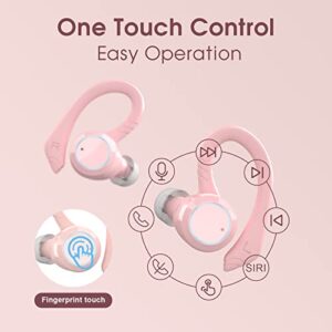 Wireless Earbuds with Earhooks Cute Pink for Womens, in Ear Bluetooth Headphones Sport with bass Boost, Built in Mic, IPX7 Waterproof Earphones with Over Ear Detachable Hooks for Running Workout