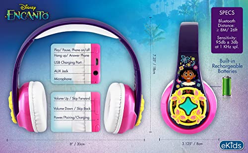 eKids Disney Encanto Bluetooth Headphones with EZ Link, Wireless Headphones with Microphone and Aux Cord, Kids Headphones for School, Home, or Travel