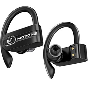 movone true wireless earbuds sport bluetooth headphones with wireless charging case premium deep bass earphones over ear hooks 32hrs playtime in ear with built in mic headset usb c for workout running