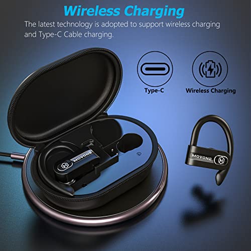 MOVONE True Wireless Earbuds Sport Bluetooth Headphones with Wireless Charging Case Premium Deep Bass Earphones Over Ear Hooks 32hrs Playtime in Ear with Built in Mic Headset USB C for Workout Running